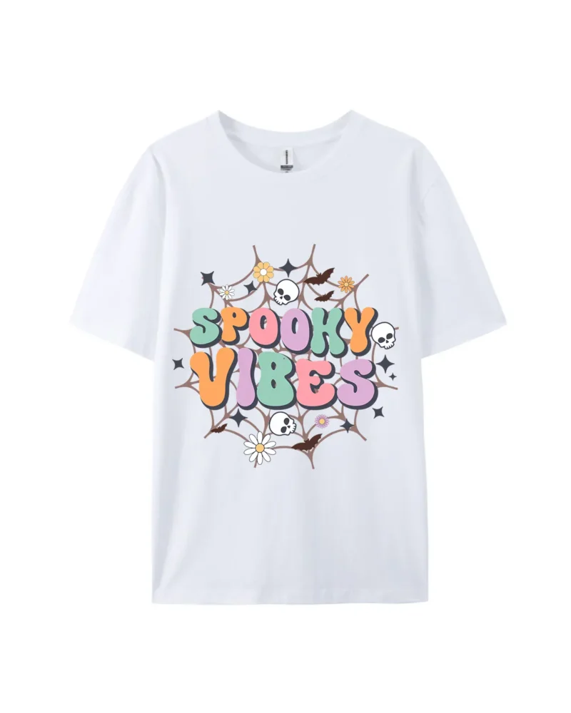 Halloween Spooky Vibes Web Skull Graphic Tee - Image 4
