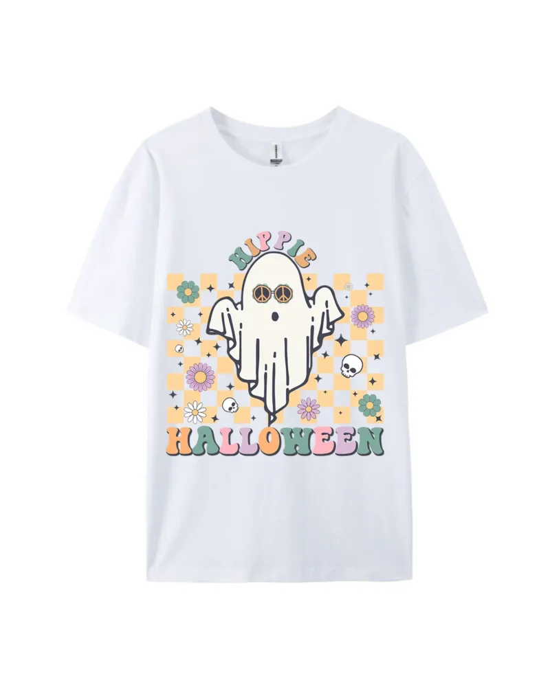 Hippie Halloween Ghost Flower Skull Print Tee - Image 4