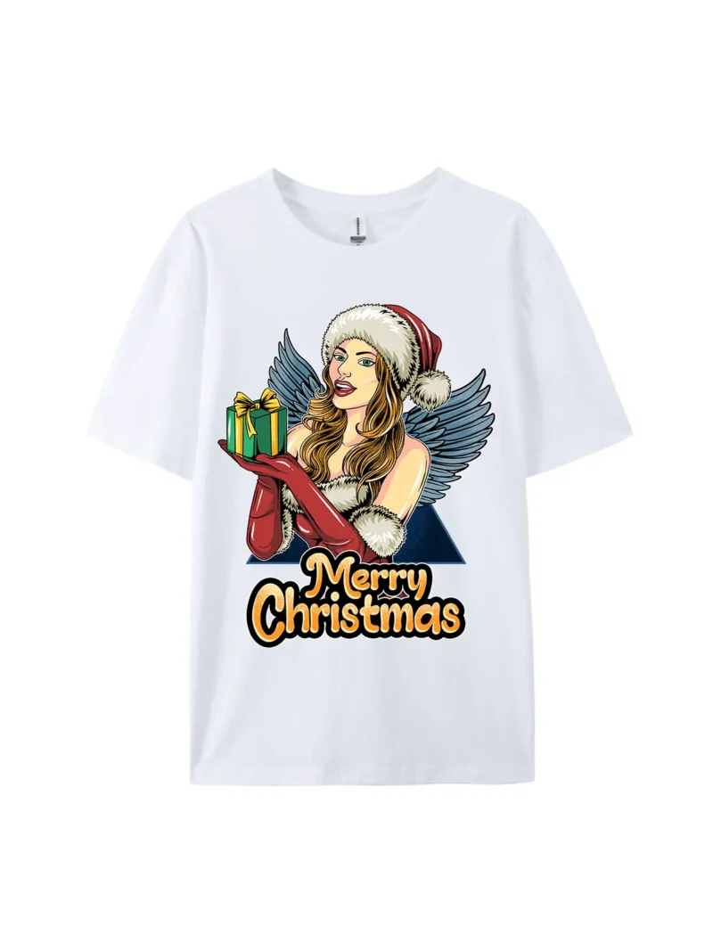 Merry Christmas Angel Woman with Gift Graphic Tee - Image 3