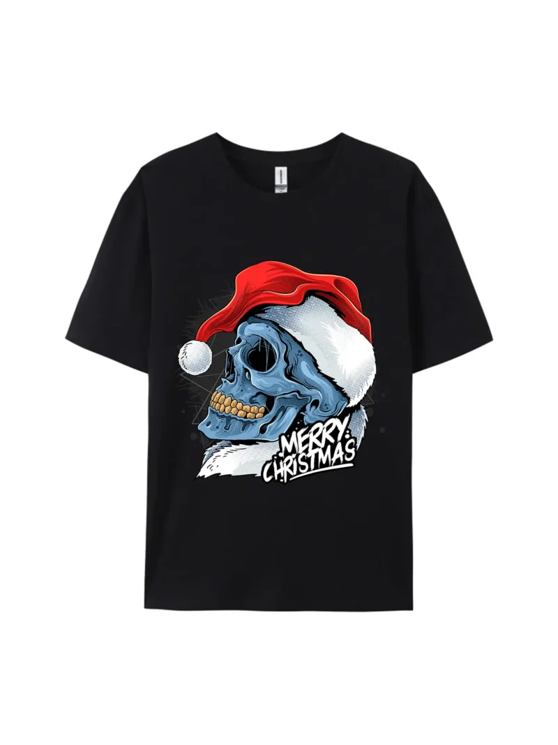 Santa Hat Cold Skull Christmas Graphic Tee - Image 2