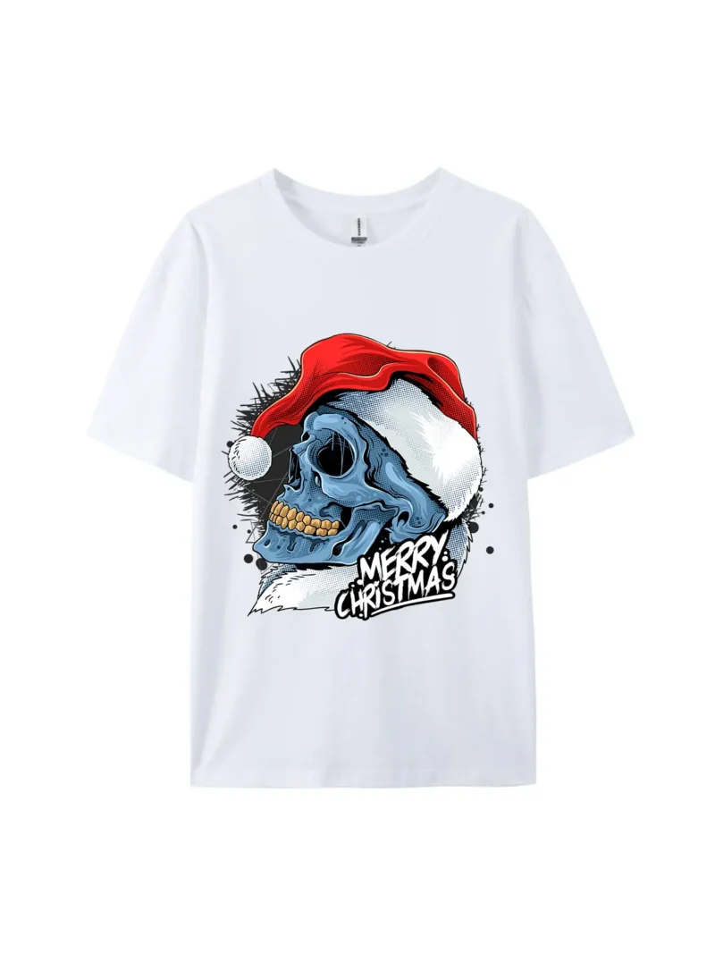 Santa Hat Cold Skull Christmas Graphic Tee - Image 3