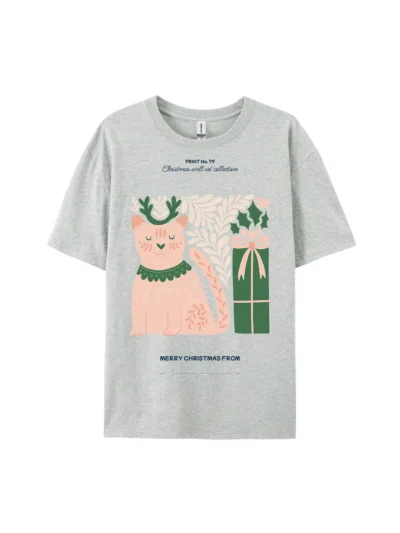 Christmas Cat & Gift Graphic Tee For Women Men